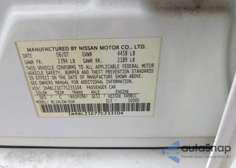 2007 Nissan Altima 3.5 Sl z USA, uszkodzony, nr VIN 1N4BL21E77C233104